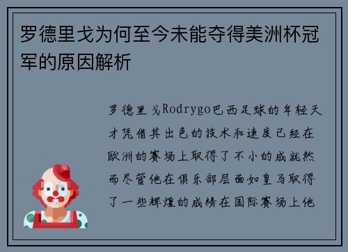 罗德里戈为何至今未能夺得美洲杯冠军的原因解析