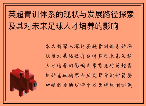 英超青训体系的现状与发展路径探索及其对未来足球人才培养的影响 英超青训体系的现状与发展路径探索及其对未来足球人才培养的影响