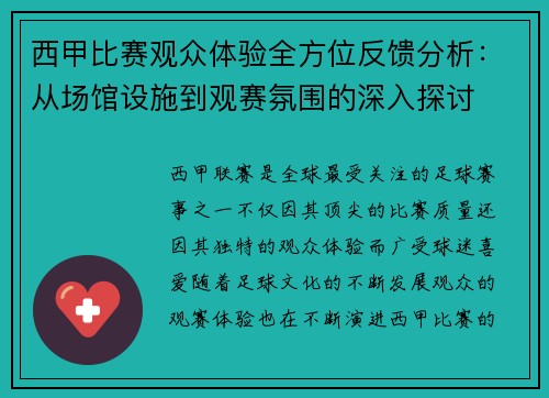 西甲比赛观众体验全方位反馈分析：从场馆设施到观赛氛围的深入探讨